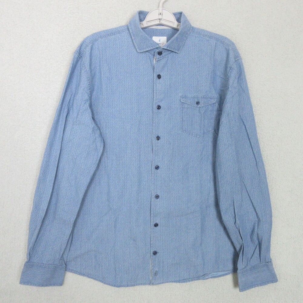 johnnie-O Shirt Mens L Long Sleeve Button Up Microprint Blue 100% Cotton Casual